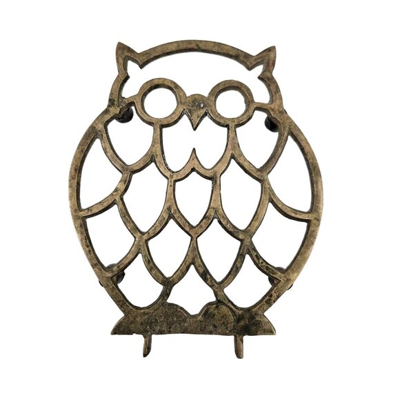 Vintage Brass Owl Trivet Footed Heat Resistant MCM Kitchen Decor Metal Art - Picture 1 of 9
